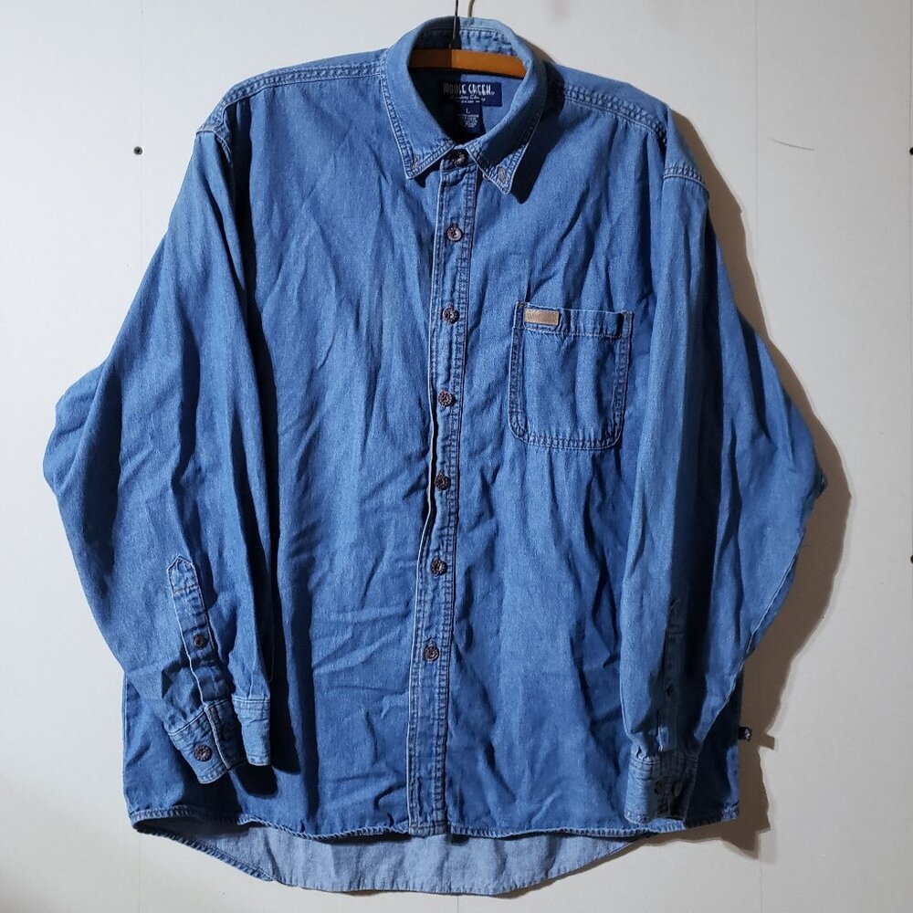 Vintage 90s Moose Creek Mens blue denim Button Down Shirt Cotton size L